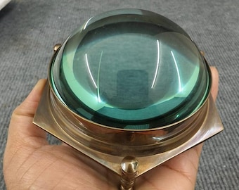 Vintage Green Glass Paperweight – Mid Century Brass Magnifying Lens