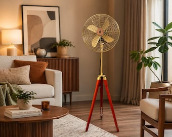 Nautical Tripod Floor Fan | Handmade Industrial Brass Finish Wood Stand 50 Inch