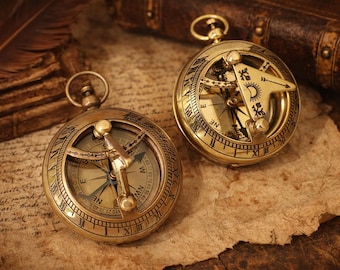 Brújula de reloj de sol de latón antiguo, instrumento de navegación de bolsillo vintage, juego de decoración marítima (2)