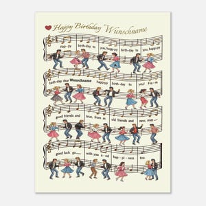 Könnte beinhalten: Eine Geburtstagskarte mit Noten und tanzenden Figuren. Der Text lautet "Happy Birthday Wunschname". Die Karte zeigt Illustrationen von Paaren, die in Vintage-Kleidung tanzen, vor einem cremefarbenen Hintergrund.