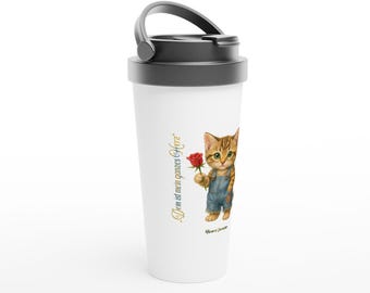 Caneca térmica de viagem em aço inoxidável branco (443 ml) com um gatinho malhado fofo.
