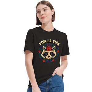 Viva La Vida Raccoon T-Shirt, Día de los Muertos Design with Flowers and Feathers, Mexico Boho Unisex Cotton Shirt image 3