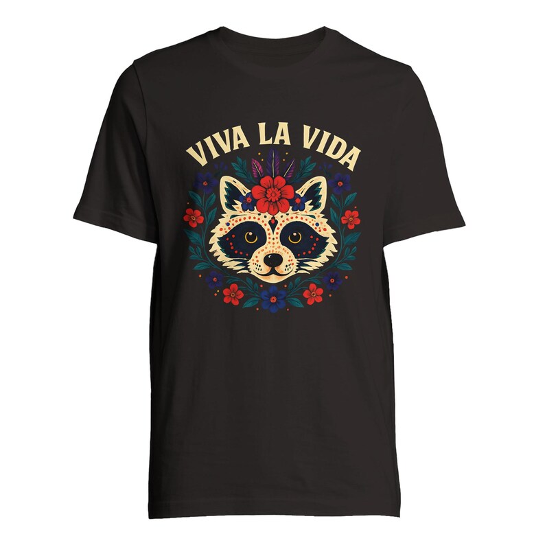 Viva La Vida Raccoon T-Shirt, Día de los Muertos Design with Flowers and Feathers, Mexico Boho Unisex Cotton Shirt image 2