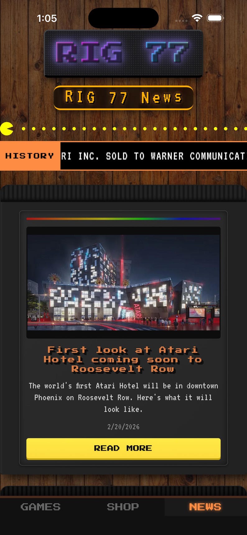 Puede incluir: Captura de pantalla de una aplicaci&oacute;n de noticias en un tel&eacute;fono m&oacute;vil. La aplicaci&oacute;n muestra el titular "RIG 77 News" y una imagen del Hotel Atari, con el texto "First look at Atari Hotel coming soon to Roosevelt Row."