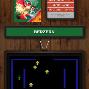 Puede incluir: Interfaz de juego m&oacute;vil que muestra detalles del juego Atari 2600 "Berzerk". La pantalla muestra la car&aacute;tula del juego, su calificaci&oacute;n, a&ntilde;o y editor. Un televisor simulado muestra los gr&aacute;ficos del juego, con el texto "&copy;1982 ATARI".