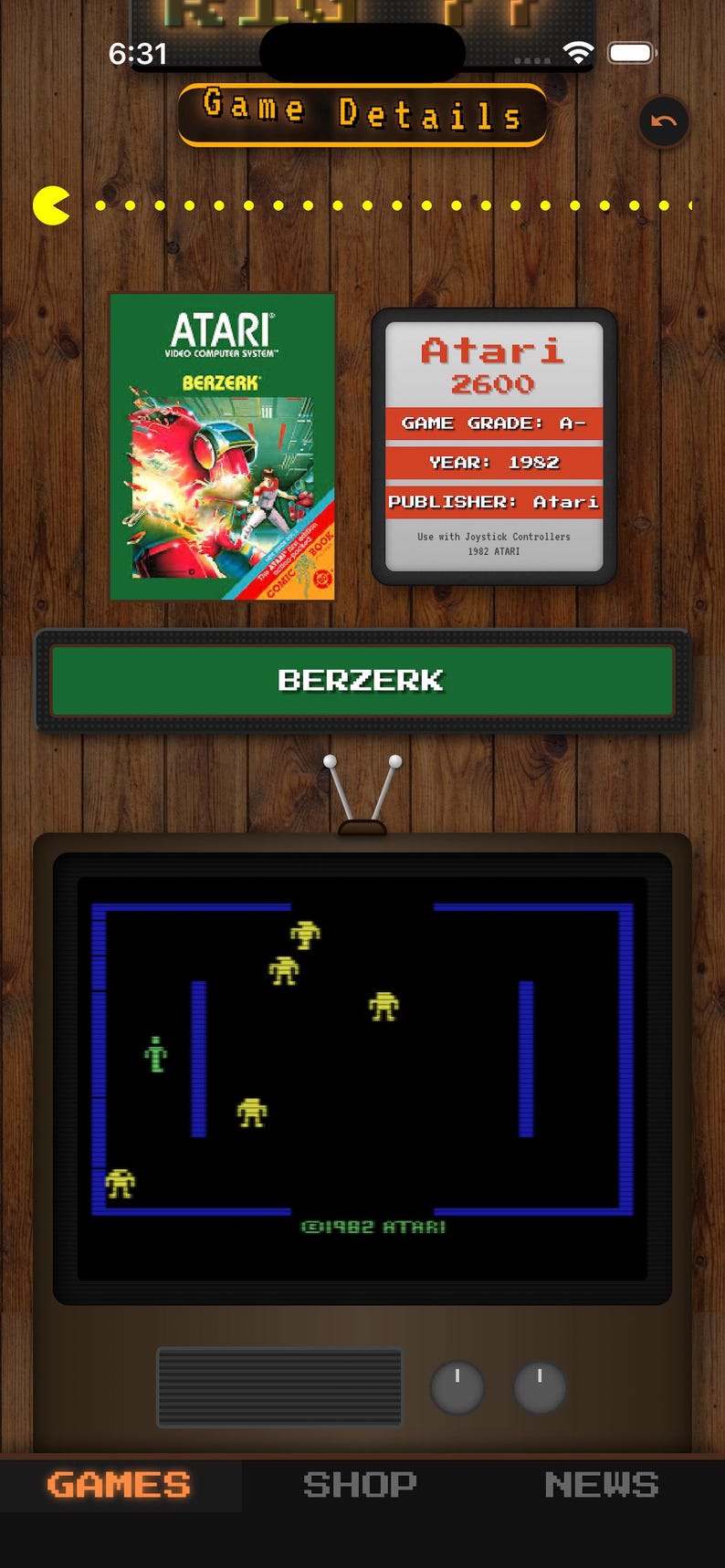 Puede incluir: Interfaz de juego m&oacute;vil que muestra detalles del juego Atari 2600 "Berzerk". La pantalla muestra la car&aacute;tula del juego, su calificaci&oacute;n, a&ntilde;o y editor. Un televisor simulado muestra los gr&aacute;ficos del juego, con el texto "&copy;1982 ATARI".