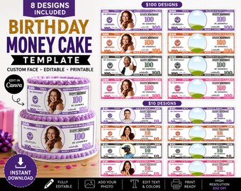 Birthday Dollar Cake Template, Printable Money Cake, Custom Face, Birthday Dollar Bill, Edible Image, Canva Editable, Instant Download
