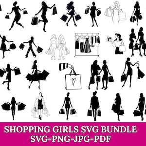 Puede incluir: Una colección de ilustraciones en silueta negra de mujeres comprando, llevando bolsas y mirando ropa. La imagen incluye el texto "SHOPPING GIRLS SVG BUNDLE SVG-PNG-JPG-PDF" en letras blancas sobre un fondo rosa.