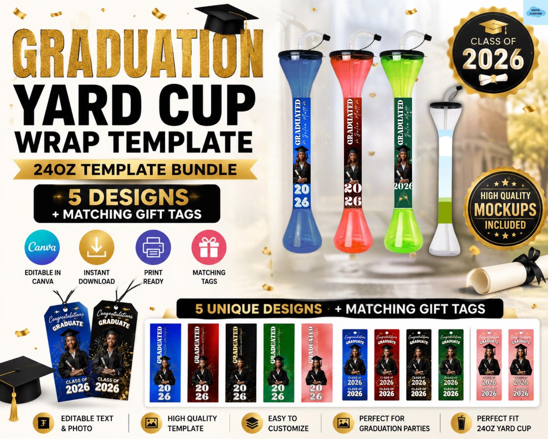 Cup Raffle Designs Editable Graduation Yard Cup Wrap Template 24oz, Graduation Gift Tag ...
