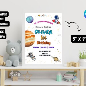 Astronaut Birthday Invitation: First Trip Around the Sun, Space Theme (Canva Template, Digital Download)