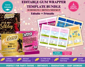 Extra Gum Wrapper Template Bundle, 15 Strip Gum Label Template, 10 Designs + Mockup, Canva Editable Party Favor Template, Digital Download