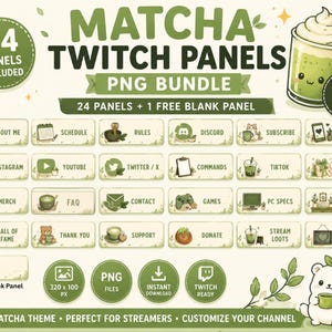 Könnte beinhalten: Ein digitales Set aus 24 Twitch-Panels im Matcha-Design als PNG-Dateien, bestehend aus hellgrünen rechteckigen Schaltflächen mit Symbolen und Textbeschriftungen wie About Me, Schedule, Rules, Discord, Subscribe, Socials, Instagram und weiteren.