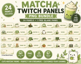 Matcha Twitch Panels PNG Bundle | 24 Green Stream Overlay Panels (Digital Download) 320x100 PNG