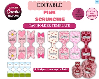 Editable Pink Scrunchie Tag Holder Template Bundle | Canva Scrunchie Display Card | Hair Tie Packaging Template | Instant Download