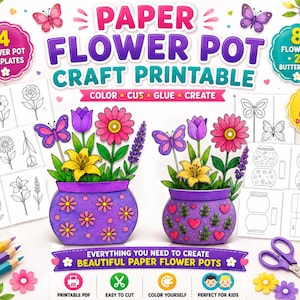 May include: A paper flower pot craft printable set featuring text that reads PAPER FLOWER POT CRAFT PRINTABLE, 4 FLOWER POT TEMPLATES, 8 FLOWERS 2 BUTTERFLIES, and INSTANT DOWNLOAD. Includes colored illustrations of two flower pots with flowers.