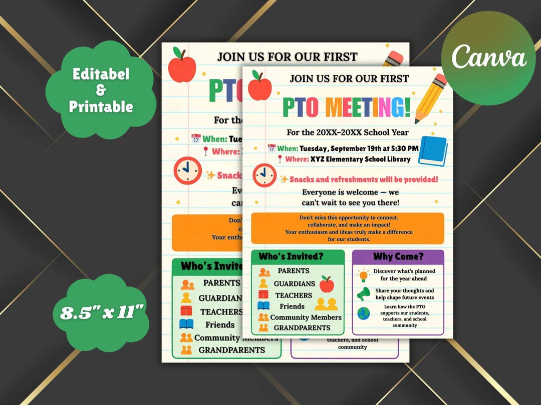 Editable PTO Meeting Flyer Template: Back to School PTA Invitation (8 ...