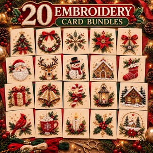 Könnte beinhalten: Eine Sammlung von 20 quadratischen Karten mit verschiedenen weihnachtlichen Stickmotiven, darunter ein Baum, Kranz, Schneeflocke, Weihnachtsstern, Stern, Weihnachtsmann, Rentier, Schneemann, Lebkuchenhaus, Socke, Geschenk, Glocken, Zuckerstange, Laterne, Hütte, Kardinal, Tasse, Kerze, Stechpalme und Winterlandschaft. Der Text 20 EMBROIDERY CARD BUNDLES steht oben.