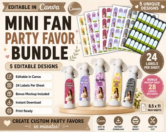 Mini Fan Party Favor Template Bundle | Editable Canva Fan Labels | Birthday Favor Printable | 5 Designs | Instant Download