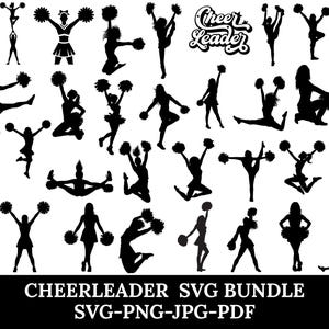 May include: A collection of black silhouette cheerleader figures in various poses, holding pom-poms. The image includes the text "Cheer Leader" and "Cheerleader SVG Bundle SVG-PNG-JPG-PDF".