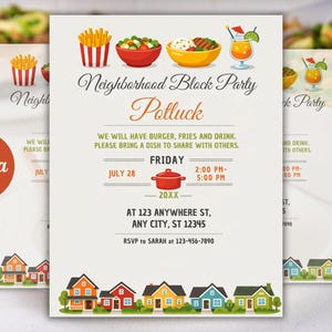 Puede incluir: Una invitación a una fiesta de barrio. La invitación presenta ilustraciones de comida y bebida, como patatas fritas, ensalada y un cóctel. El texto incluye la fecha, la hora y el lugar, con una fila de casas coloridas en la parte inferior.
