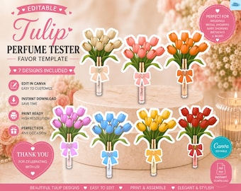 Editable Tulip Perfume Favor Template | Perfume Card Holder Template | Floral Party Favor Template | Canva Favor Card | 7 Designs Included