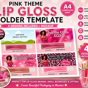 Puede incluir: Una plantilla digital para un soporte de brillo labial con temática rosa que presenta cuatro diseños distintos en una hoja A4 horizontal. La plantilla incluye textos como Pop the Gloss, XOXO y Thanks for making my birthday extra glossy.