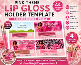 Pink Lip Gloss Holder Template Bundle | Lip Gloss Card Display | Girly Gifts | Canva Lip Gloss Holder Template | 4 Designs Included + Mockup