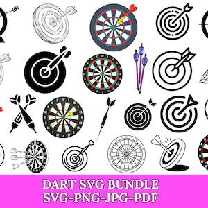 May include: A collection of dartboard and dart images in various styles, including line art, solid black, and color illustrations. The image includes the text "DART SVG BUNDLE SVG-PNG-JPG-PDF".