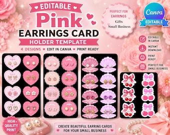 Editable Pink Earrings Display Card Template, Earrings Display Card Canva, Jewelry Packaging Card, Pink Earring Holder, Small Business