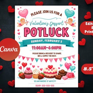 Może przedstawiać: Zaproszenie na walentynkowy potluck z deserami, 21,6 cm x 27,9 cm, z różowym i turkusowym schematem kolorów. Projekt zawiera balony w kształcie serca, cherubiny i różne desery. Tekst zawiera szczegóły wydarzenia i informacje RSVP.