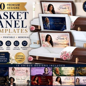 May include: A collection of 10 editable and printable casket panel templates measuring 31x14 inches. The display features multiple examples of memorial panels with portraits, floral accents, and text like Forever in Our Hearts on caskets.
