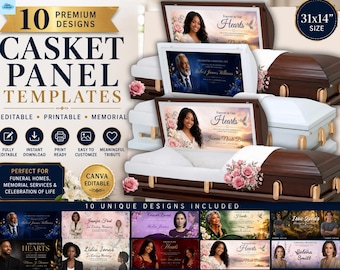 Casket Panel Template Bundle | 10 Funeral Casket Panel Designs | 31x14 Memorial Insert Template | Printable Casket Panel | Canva Template