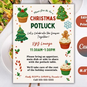 May include: A Christmas potluck invitation with a cream background. The design features illustrations of cupcakes, Christmas trees, and a gingerbread man. Text includes event details, RSVP information, and the Canva and 8.5" x 11" logos.