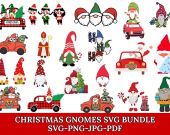 May include: A collection of Christmas gnome illustrations in various poses and settings. Gnomes are depicted with red hats, beards, and festive attire. Some gnomes are in cars, holding gifts, or with Christmas trees. The text "CHRISTMAS GNOMES SVG BUNDLE" is at the bottom.