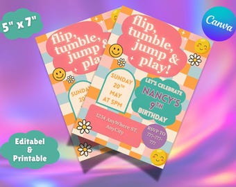 Gymnastics Birthday Invitation Template: Retro Rainbow, Daisy Design (Digital Download)