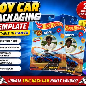 Può includere: Un modello digitale di confezione per auto giocattolo con una grafica di auto da corsa blu, una cornice circolare per foto e il testo Happy Birthday Kevin. Il design include uno sfondo con pista da corsa, un numero 4 e un'icona trofeo su un foglio da 27,9 x 21,6 cm.