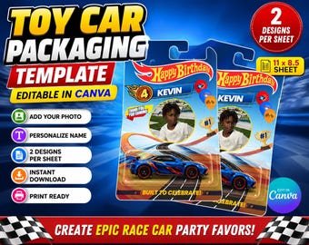 Toy Car Packaging Template | Editable Canva Birthday Party Favor Wrapper | Race Car Toy Card Template | Kids Birthday Favor | 11x8.5