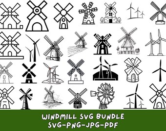 Paquete SVG de molino de viento: silueta de clipart vectorial (archivo digital)