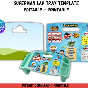 Könnte beinhalten: Eine Superman-Laptray-Vorlage mit einem hellgrünen Tablett, einem blauen Hintergrund und einer passenden Vorlage. Das Tablett enthält Bildungselemente wie Zahlen, das Alphabet und Wochentage. Der Text lautet "Superman Lap Tray Template, Editable + Printable."