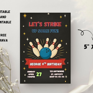 Bowling Birthday Invite | Glow in the Dark Party | Editable Canva Template | Instant Download