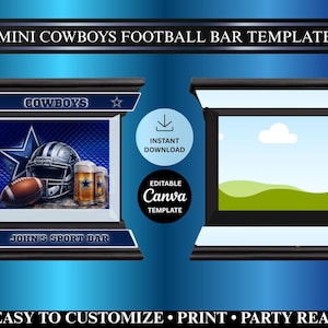 May include: A digital template for a mini football bar sign featuring the text MINI COWBOYS FOOTBALL BAR TEMPLATE, INSTANT DOWNLOAD, and EDITABLE Canva TEMPLATE. The design includes a football helmet, a football, and beer mugs.