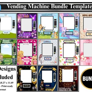 Könnte beinhalten: Eine Sammlung von 12 Vorlagen für Warenautomaten. Jede Vorlage hat einen rechteckigen Rahmen mit einer Push-Taste und einer Tastatur. Designs umfassen Themen wie Einhörner, Geburtstage und Abschlussfeiern. Der Text "Vending Machine Bundle Template" steht oben.
