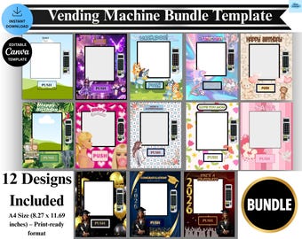 Editable Vending Machine Bundle Template Canva | 12 Designs Party Decor | Snack Box Printable | Birthday & Graduation | Instant Download