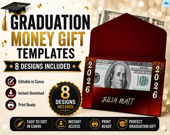 Editable Graduation Money Gift Holder Template | Graduation Cash Gift Card Canva | Money Holder Printable | 8 Designs Instant Download
