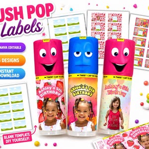 Könnte beinhalten: Drei zylindrische Push-Pop-Behälter mit bunten Kunststoffkappen, die Cartoon-Gesichter zeigen. Die Etiketten sind mit Fotos von Kindern und dem Text Ashley's 5th Birthday oder Chloe's 5th Birthday personalisiert. Enthält bedruckbare Bögen mit verschiedenen Designs.