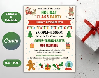 Puede incluir: Una invitación festiva a la fiesta de clase navideña, 21,6 cm x 27,9 cm, con gráficos de Papá Noel y renos. La invitación incluye la fecha, la hora y los detalles de los juegos, los dulces, las manualidades y el intercambio de regalos.