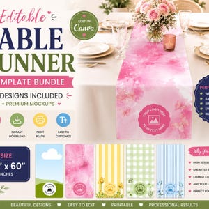 May include: A table runner template bundle with four designs, including premium mockups. The main image shows a pink floral design. The size is 24" x 60" inches. The text says "Editable Table Runner Template Bundle".