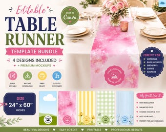 Editable Table Runner Template | Canva Table Runner Design | Printable Party Table Decor | Custom Table Runner Template | 4 Designs +Mockups