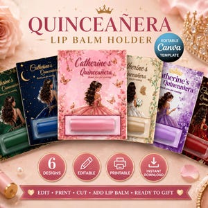 Peut inclure: Six porte-baumes à lèvres rectangulaires en carton illustrés d'une personne en robe, avec le texte Catherine's Quinceañera, thank you for coming. Les cartes sont vertes, bleues, roses, crème, violettes et rouges, chacune avec un emplacement en plastique.