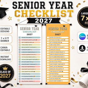 May include: Two vertical 7x2 feet senior year checklist banners for the class of 2027. The banners feature a list of tasks with checkboxes and icons, including text like 'Decide on a major' and 'Graduate high school'. Includes graduation cap graphics.